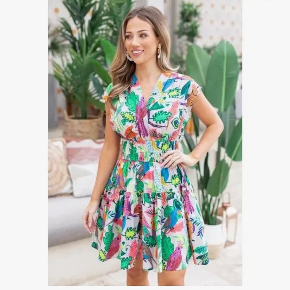 Oliphant Bright Tropical Print Short Dress - Green Multi